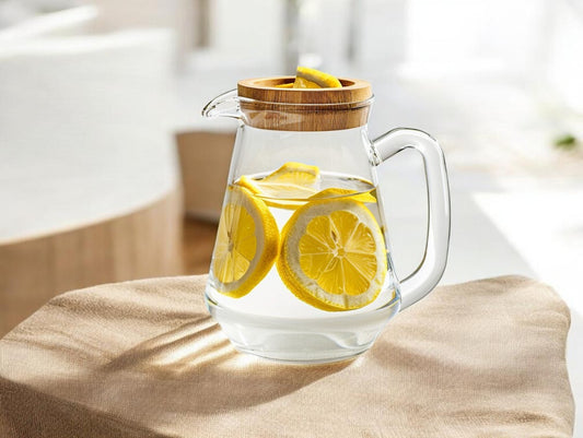 WOONO Borosilicate Glass Cold Brew Pitcher 1200ml - Heat-Resistant Juice Water Carafe with Bamboo Lid
