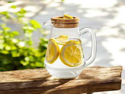 WOONO Borosilicate Glass Cold Brew Pitcher 1200ml - Heat-Resistant Juice Water Carafe with Bamboo Lid